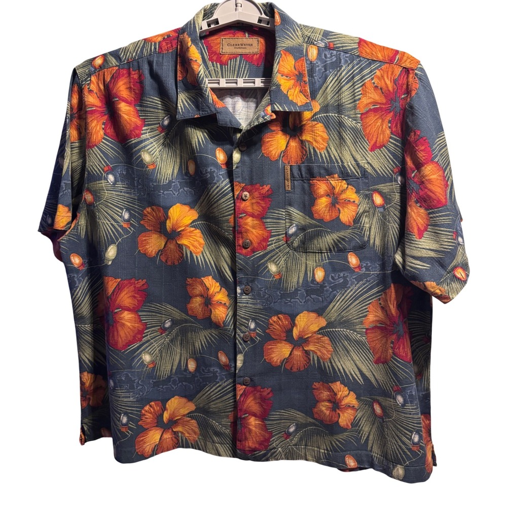 Clearwater Outfitters Shirt Men XXL Blue Holiday Tropical Floral Cotton Rayon EX